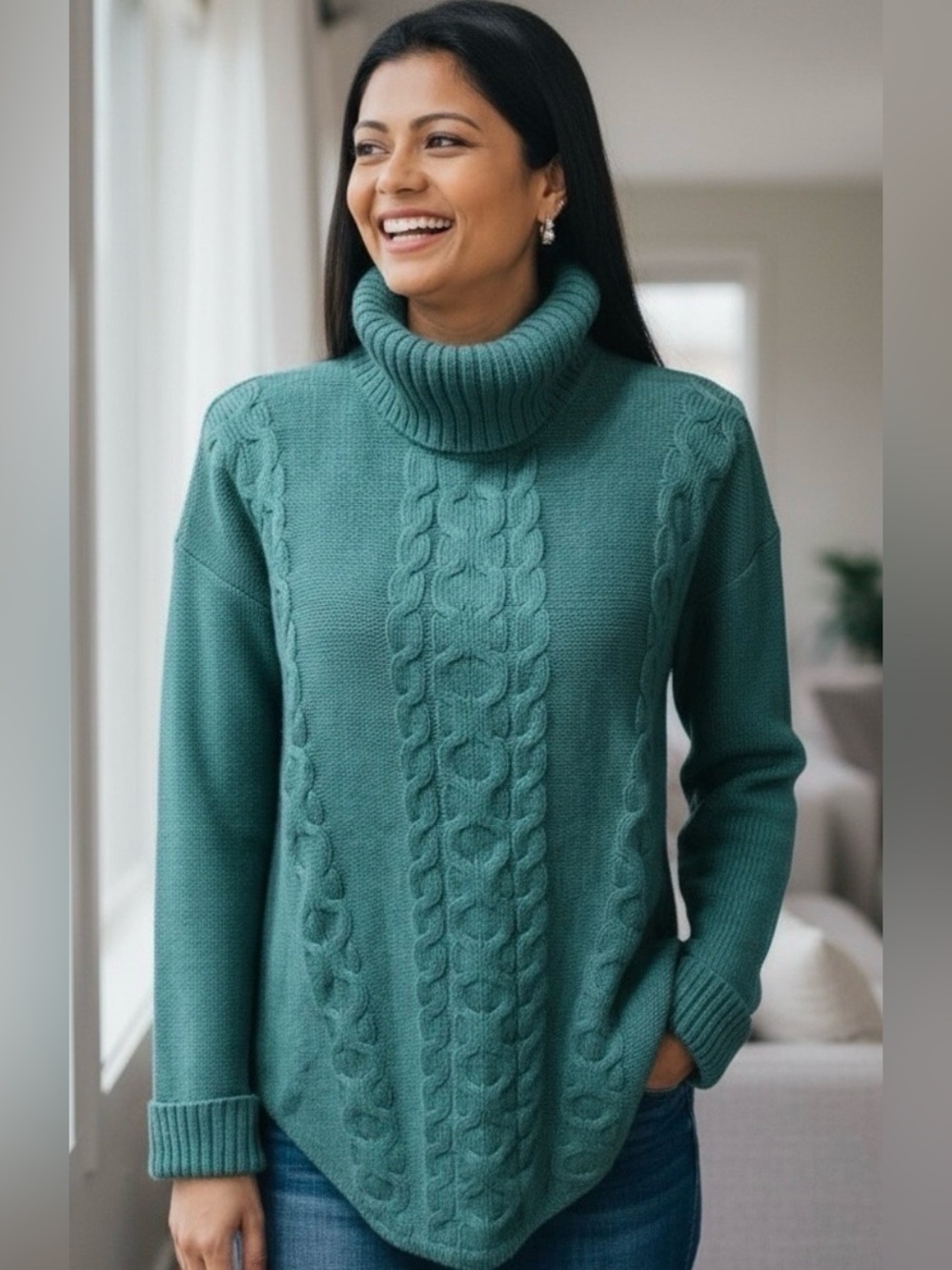 L.L. Bean Turquoise Cable Knit Turtleneck Sweater size M
